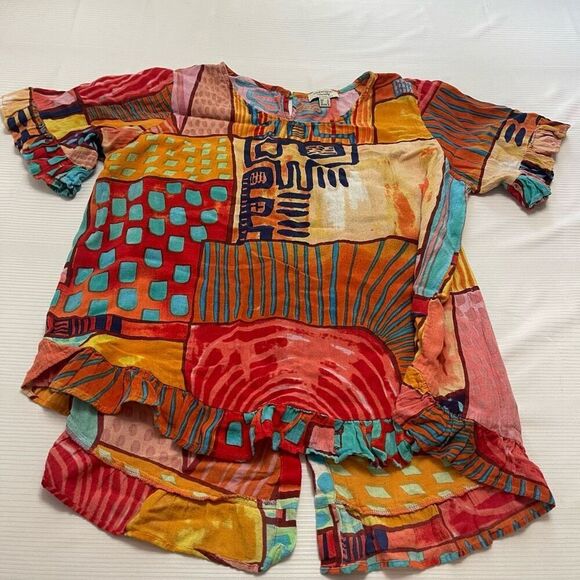 Orientique Naturally Australian Art To Wear Lagenlook Ruffle Top Size Medium - Picture 1 of 7